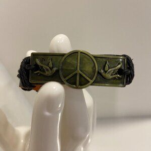 Handmade Peace Sign & doves birds genuine Leather Bracelet Brown & black